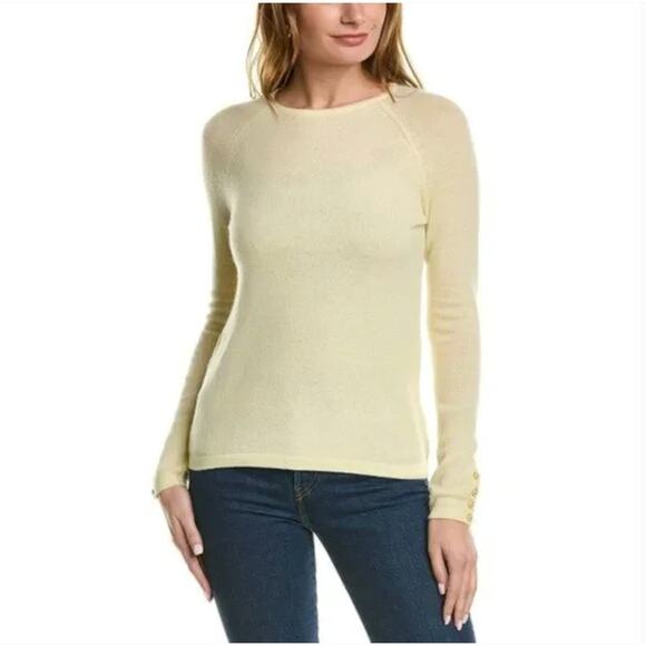 J. McLaughlin 100% Cashmere Sweater Size M Pastel Yellow Button Cuff Luxe Knit - Picture 1 of 4